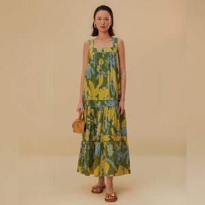 Farm Rio Green Foliage Sketch Sleeveless Maxi Dress